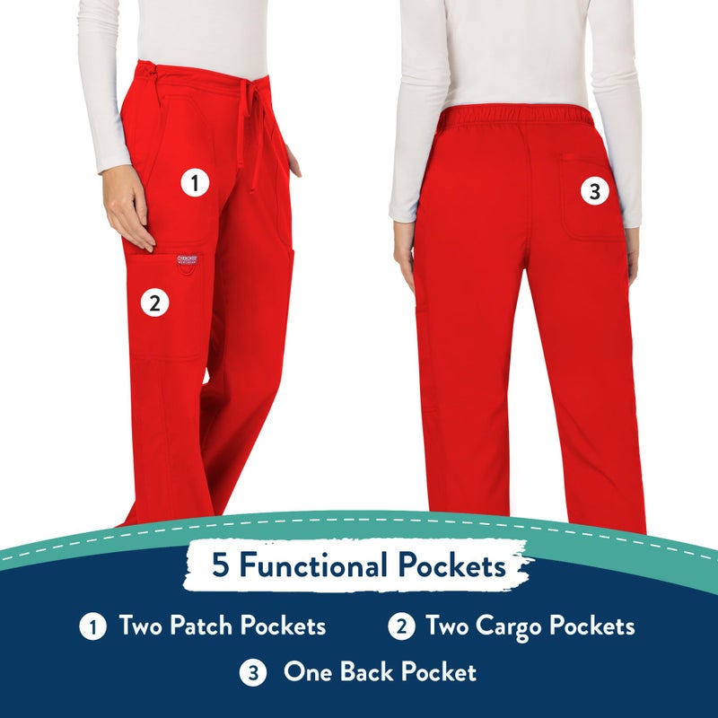 Cherokee WW Revolution by Cherokee Women's Mid Rise Moderate Flare Drawstring Pant Petite, Red, Medium Petite - Image 5